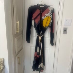 Tory Burch Scarf Print Embroidered Long Sleeve Midi Dress